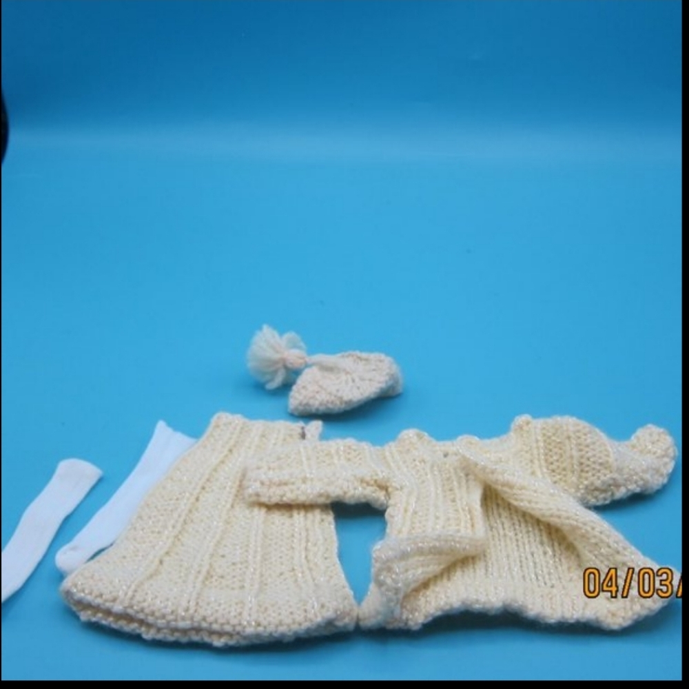 Handmade yellow sparkle knit Barbie size fashion doll skirt jacket hat Pre-owned